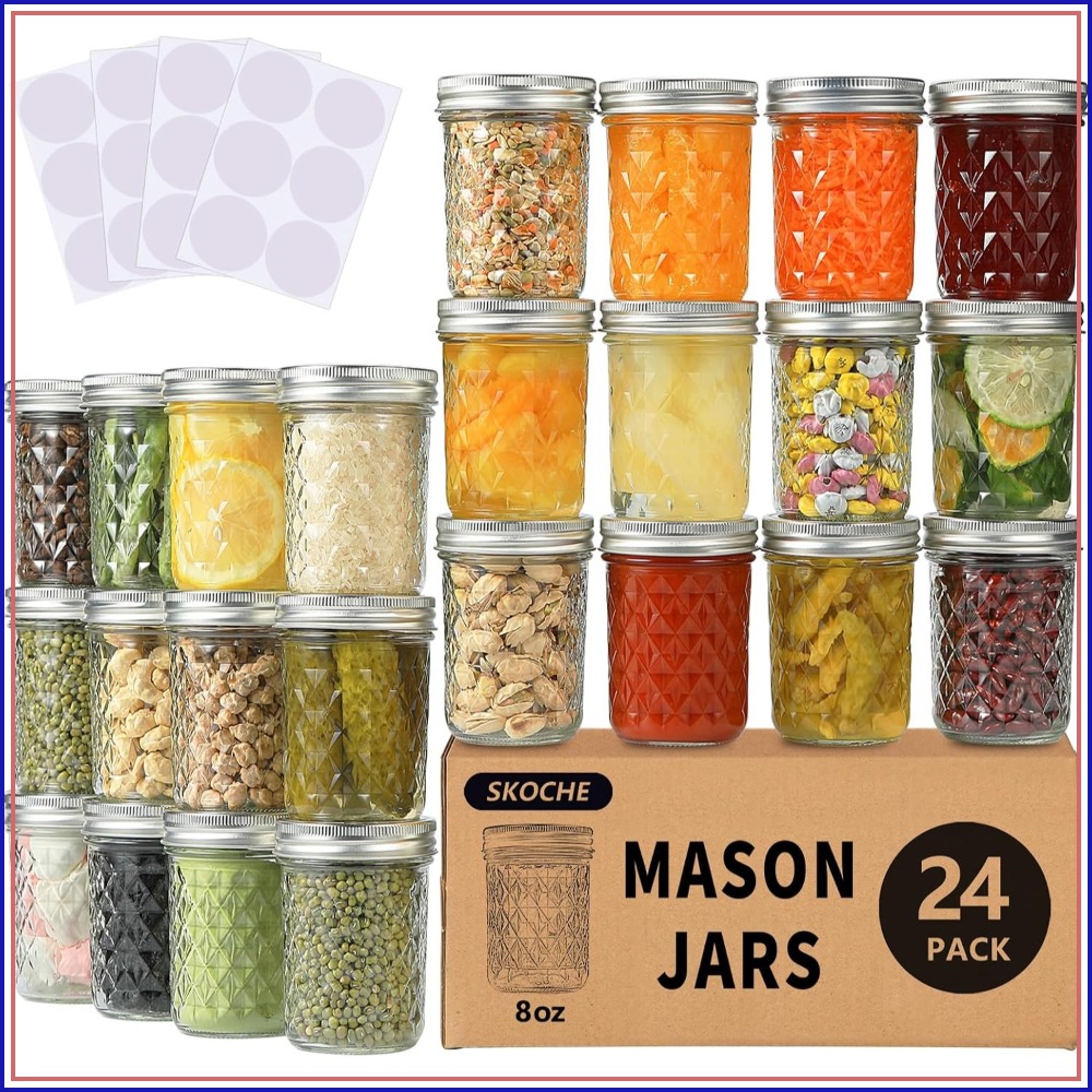 Mason Jar 8Oz - 8オンスのメイソンジャー24個パック、ハーフパイント缶詰ジャー、気密蓋付き、ジャム、ピクルス、発酵に最適