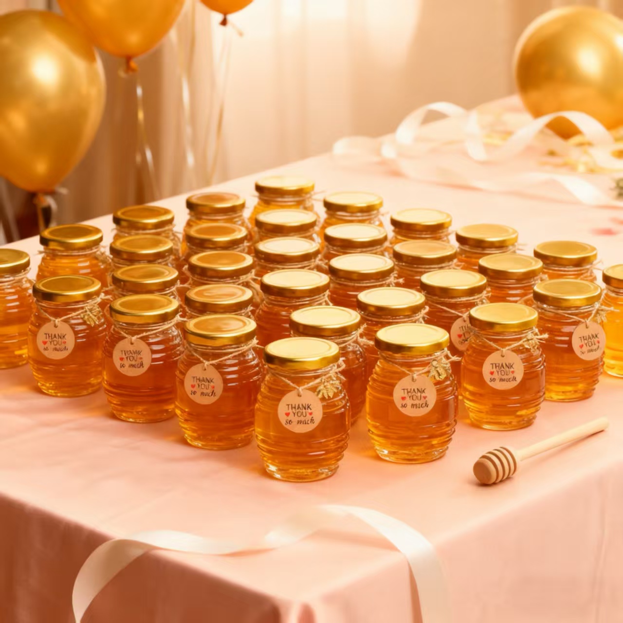 Mason Jar 8Oz - 12/24/36個入り- 70ml、ミニガラス製ハニーポットセット、丸型ガラス製ハニーポット、金色の蓋付きガラス製密封ポット、金色の蜂の置物、木製ディッパースティック、麻ひも、サンキューカード付き、ベビーシャワー、結婚式、誕生日パーティーのギフトに最適