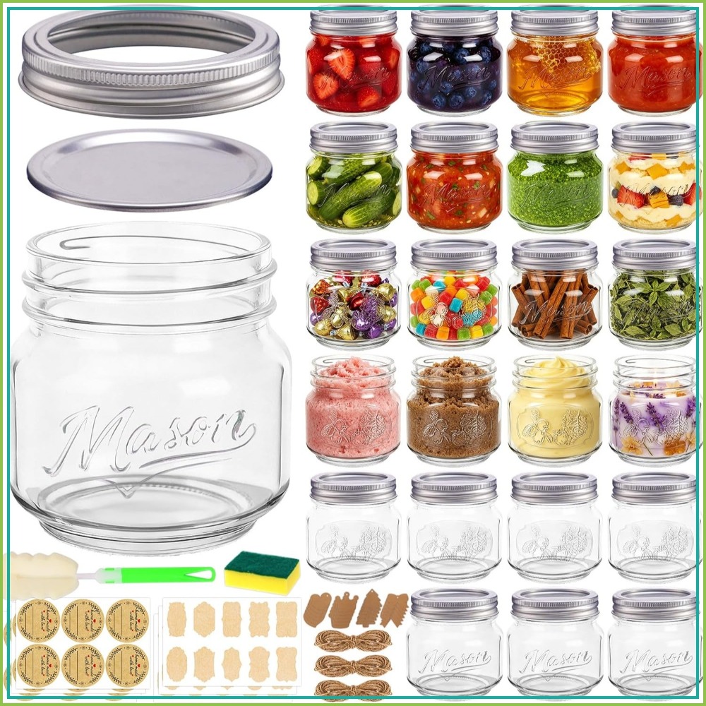 Mason Jar 8Oz - 8オンスのメイソンジャー（蓋付き）、24個入りハーフパイント缶詰ジャー（エンボス加工フルーツ柄）、ジャム、蜂蜜、ギフト、パーティーの記念品、キャンドル作り、DIYクラフト用の小さなガラス瓶